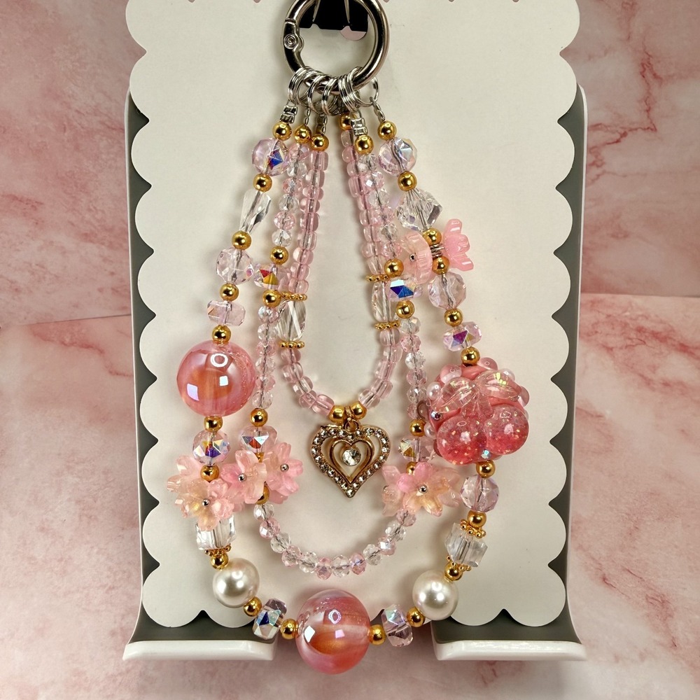 Heart Pendant Pink Cherry Beaded Phone Wristlet Chain Strap Crystal Pearl Charm